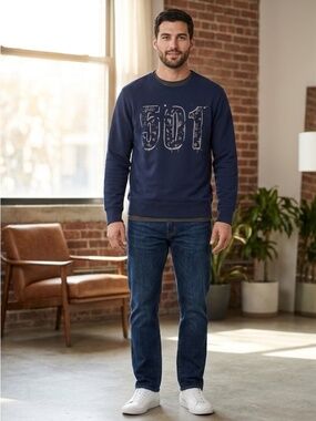 Levi's 501 Crewneck Sweatshirt Dark Navy Bleach Splatter Size M